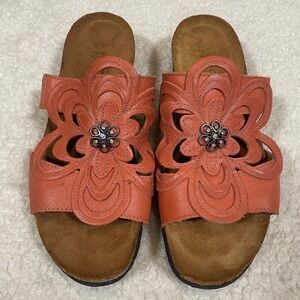 Naot Leather Floral Cutout Slide‎ Sandals Coral Orange Rhinestone EU 37 US 6